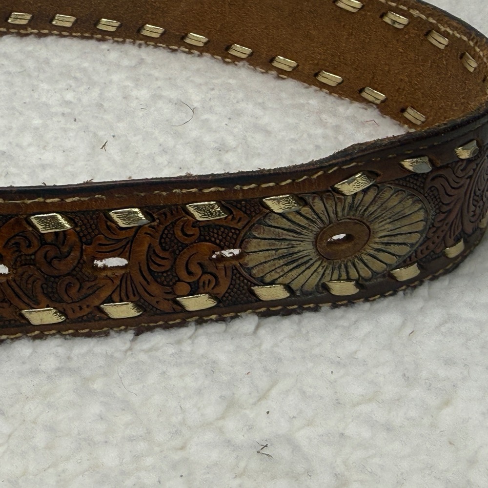 Vintage Hand Tooled Leather Belt Brown Southwestern Sunburst KING Ranch Wear M L - Picture 6 of 13